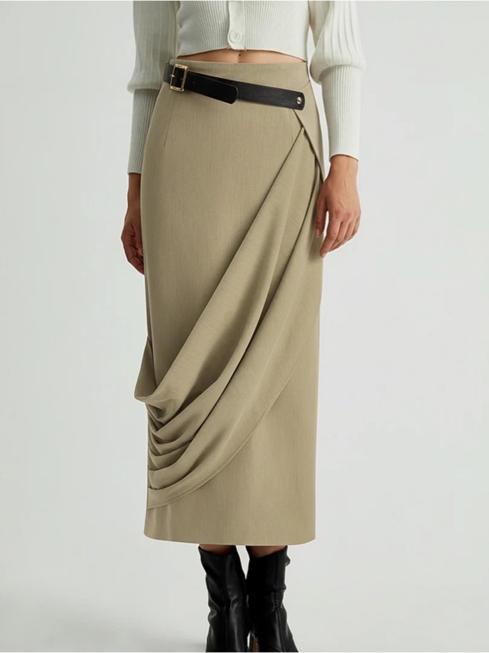 Commense Tan Asymmetrical Drape Midi Skirt with Black Belt